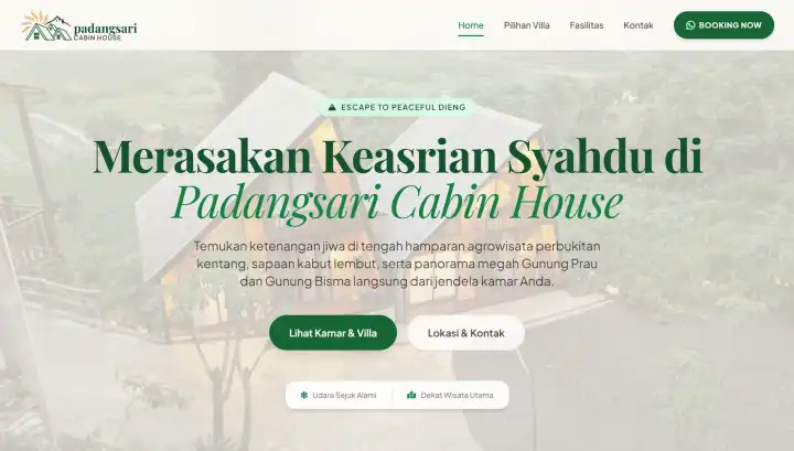 Jasa Pembuatan Landing Page Villa Dieng | Padang Sari Cabin House Dieng dev by CODELEKTIV